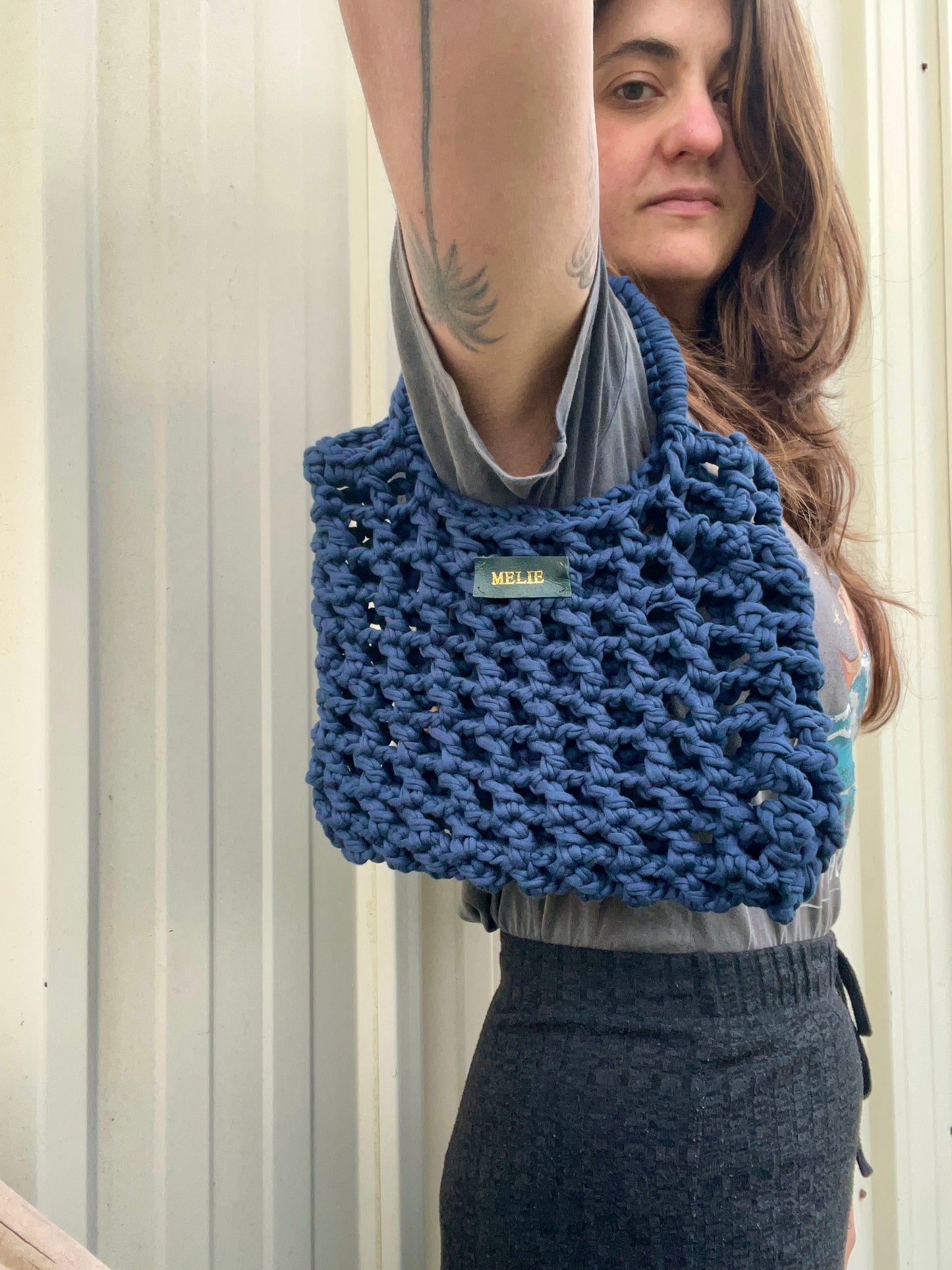 Sac filet en crochet bleu marine - Fait main