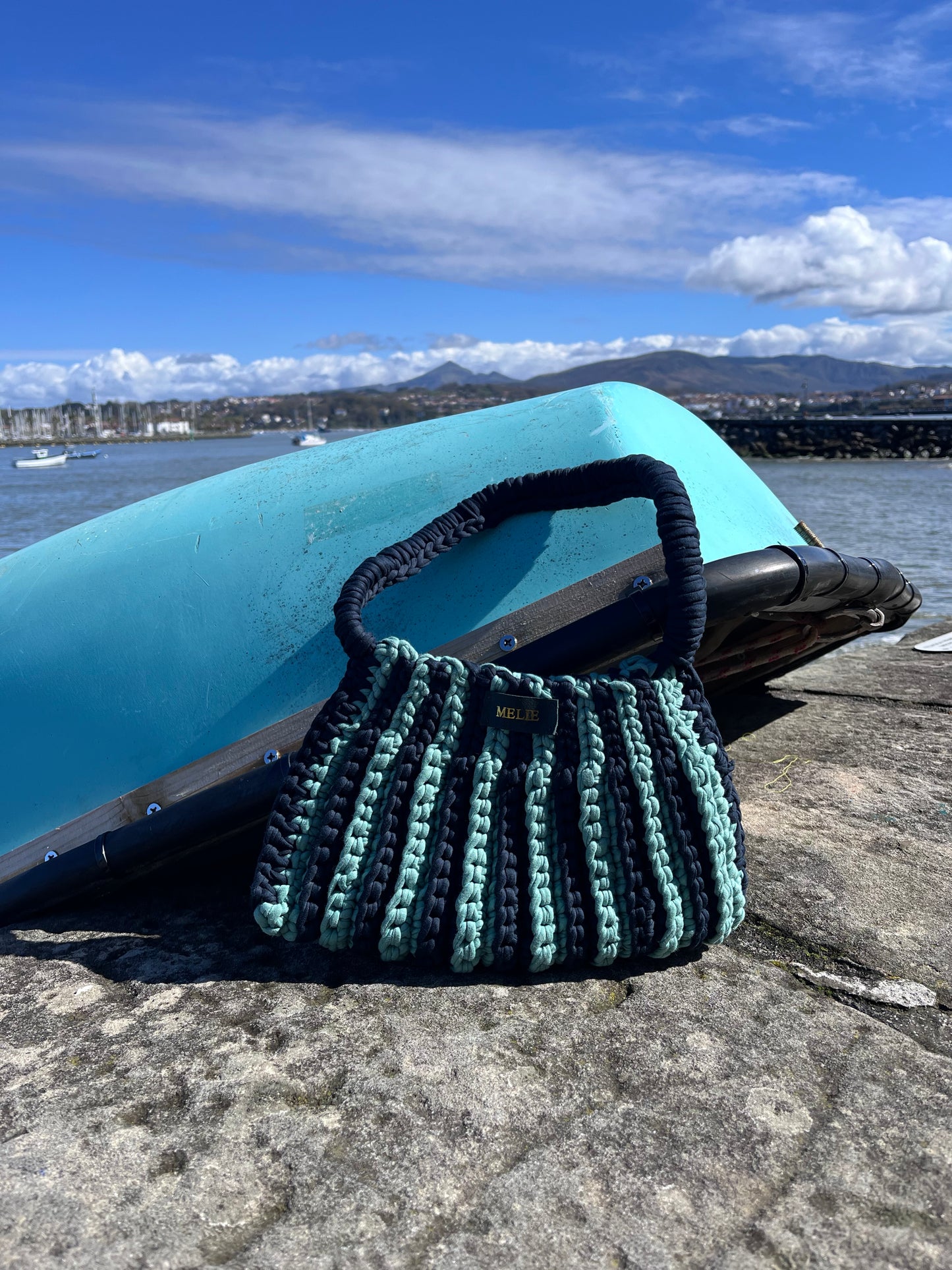 Sac rayé bleu marine et turquoise - Fait main