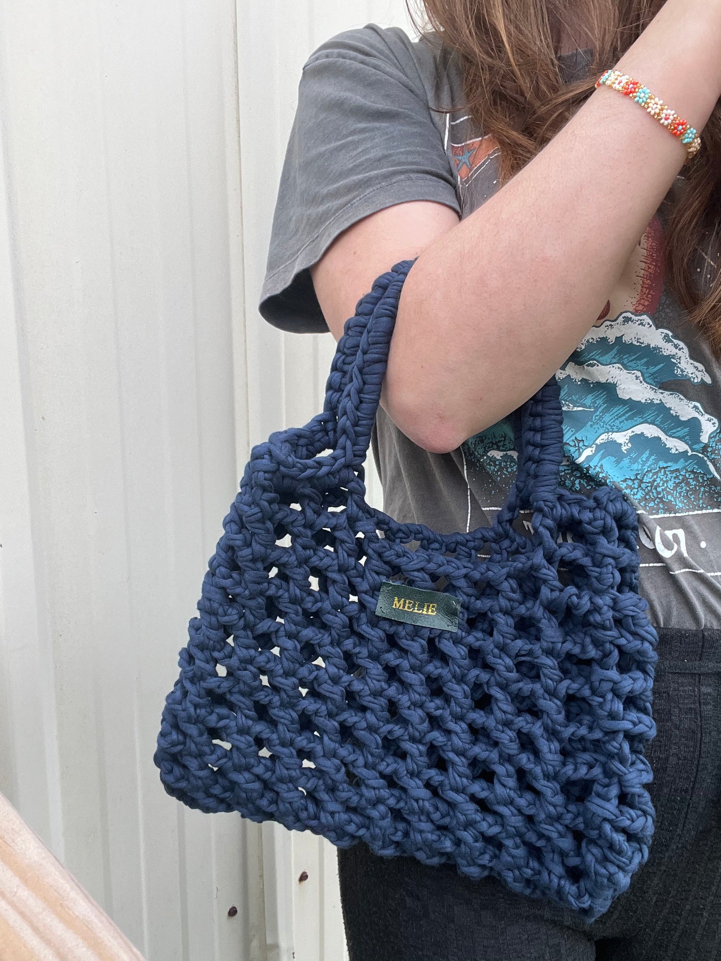 Sac filet en crochet bleu marine - Fait main