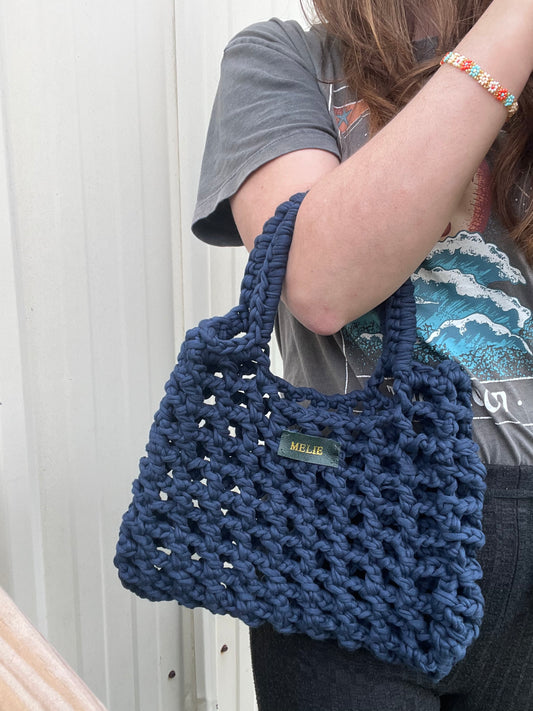 Sac filet en crochet bleu marine - Fait main