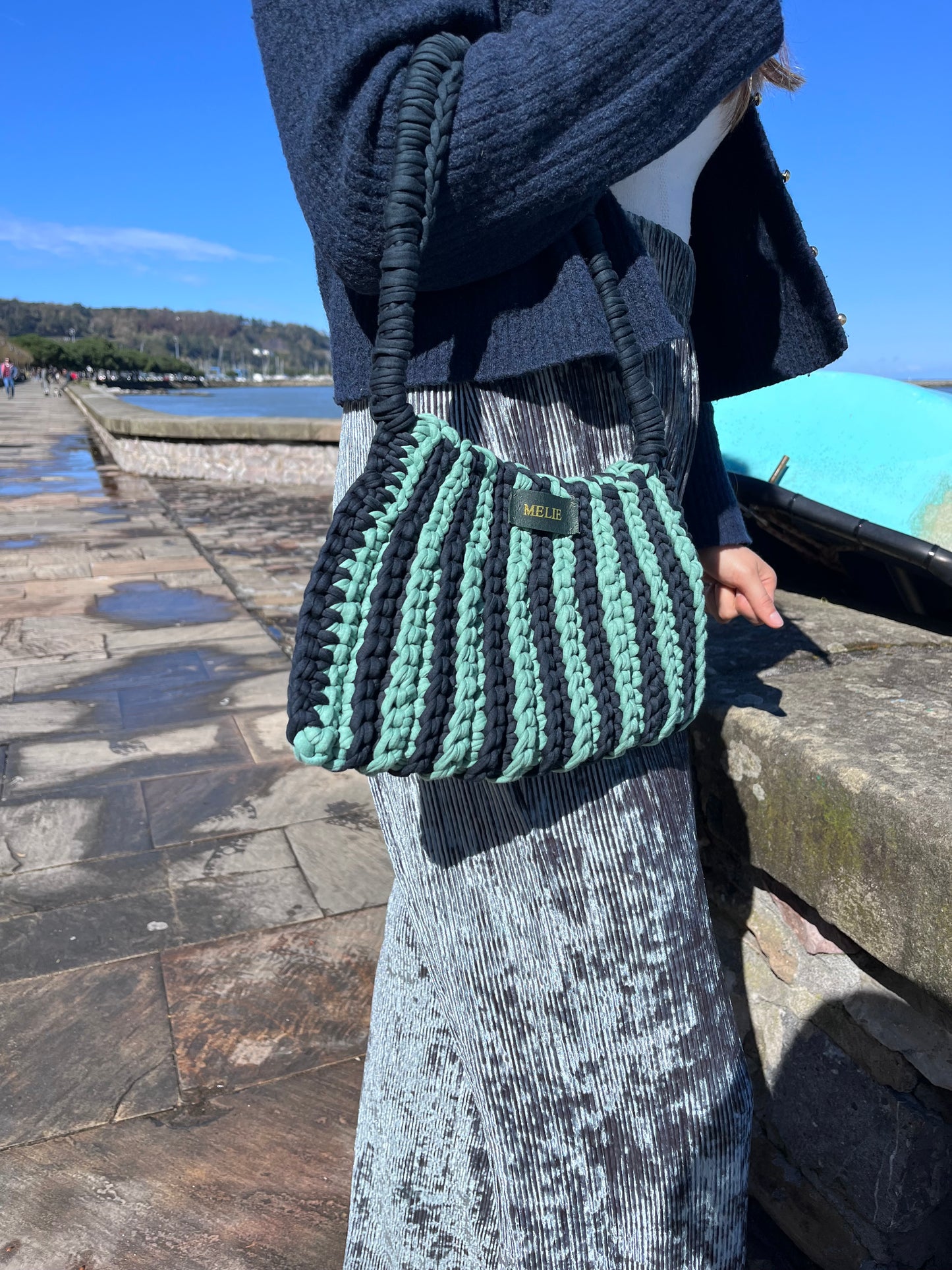 Sac rayé bleu marine et turquoise - Fait main