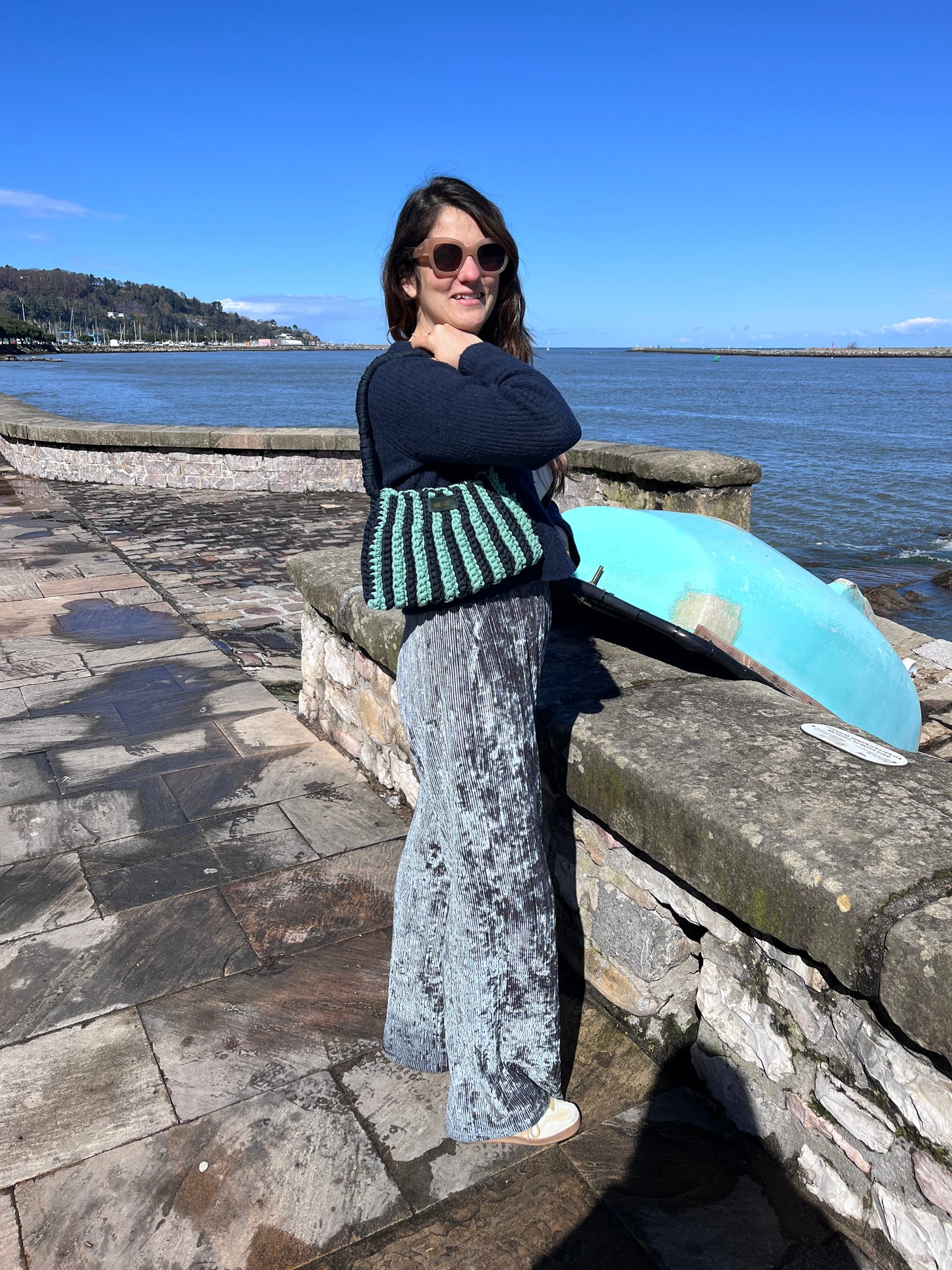 Sac rayé bleu marine et turquoise - Fait main